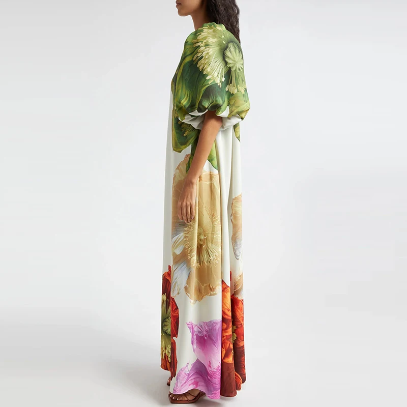 Böhmisches Damenkleid mit schrägem Ausschnitt und Puffärmeln, Blumendruck, schulterfrei, lockeres langes Kleid, modisches, ausgehöhltes Urlaubs-Robenkleid