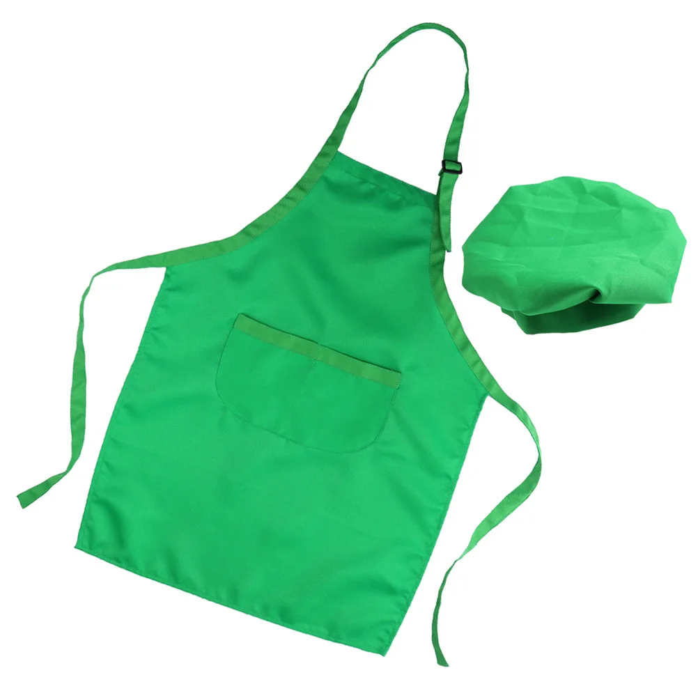 2pcs Apron Hat Set Lightweight Waterproof For Painting Baking Cooking Outdoor Bbq Reusable Adjustable 3-6 Years Green