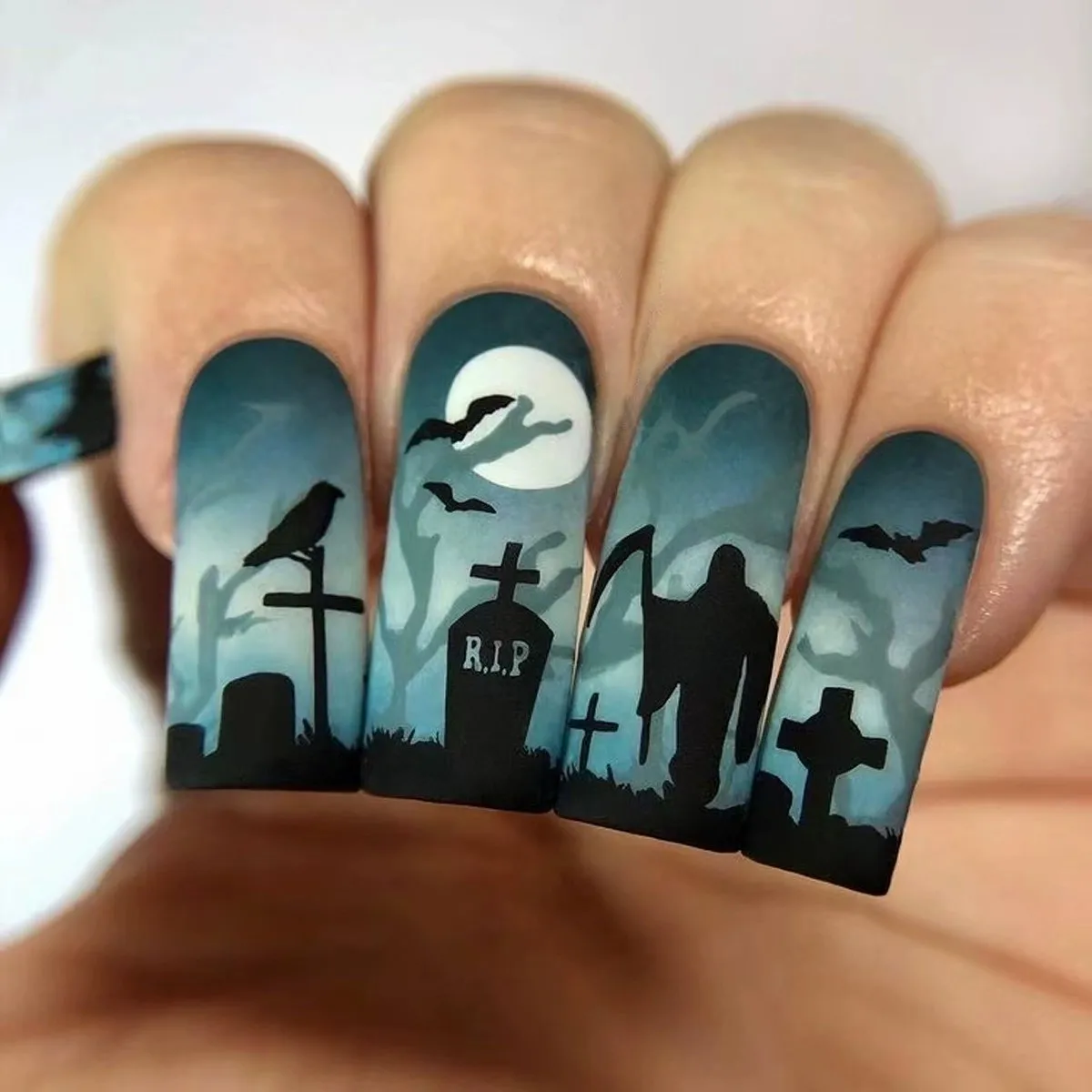 

24pcs Halloween Gradient Cemetery Ghost Fake Nails Press On Nails Long Square Nail Art Frosted French False Nails With Designs