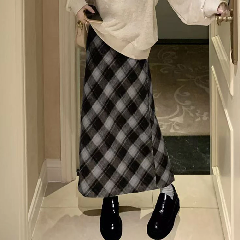 Plaid Skirts for Women High Waist Slim Fit Vintage Korean Style A-Line Long Skirt Designed with Classic Elegance