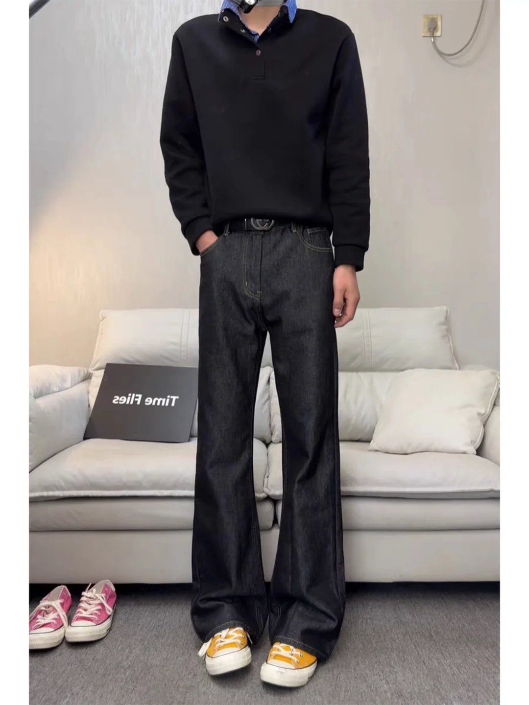 

Cleanfit Men's Denim Flared Jeans mid Waist Straight Leg Slimming Pants American Retro Waed Cotton Spring Faion