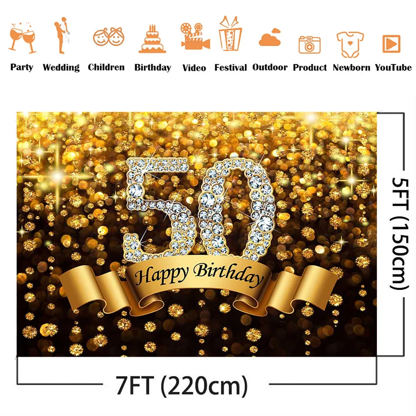 Toile de fond à paillettes dorées pour 50e anniversaire, fond photo Bokeh, portrait adulte, studio personnalisé, gril en vinyle, photocall, cinquante ans