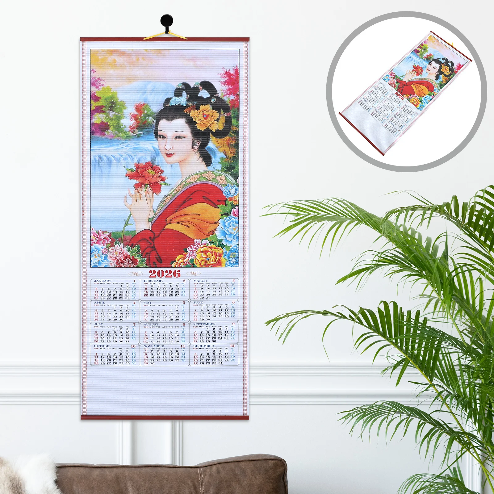 2026 Calendario a scorrimento sospeso in finto rattan Anno lunare cinese Decorazione da parete Anno del cavallo Calendario estetico per soggiorno Ufficio