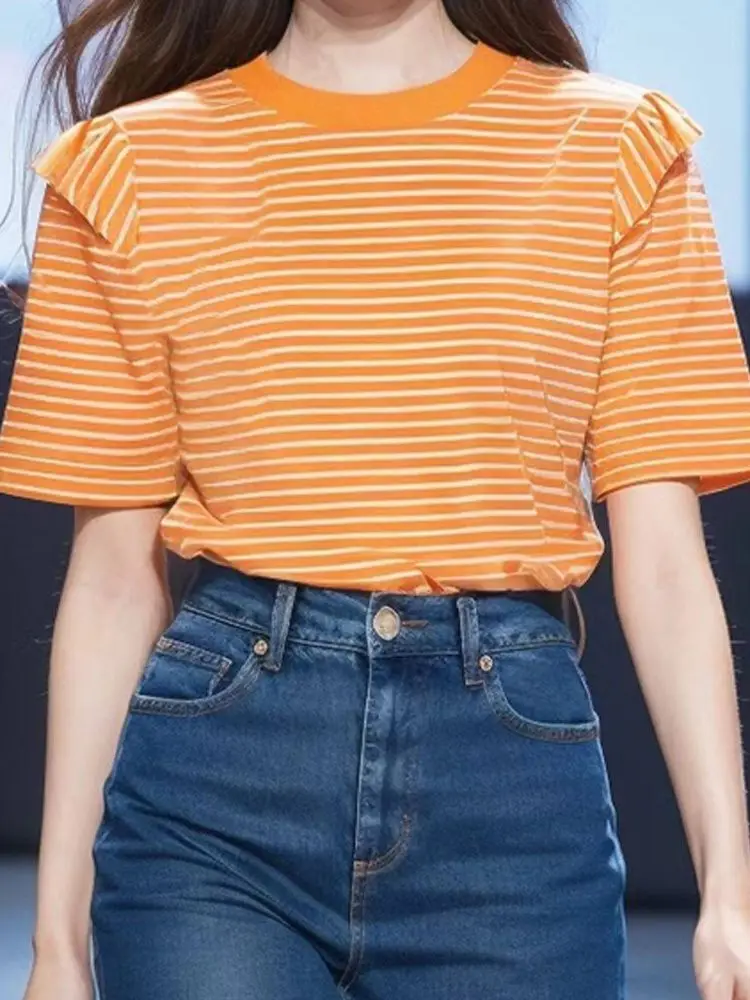 2024 Summer Orange Stripe New Top with Ruffle Edge Short Sleeve T-shirt