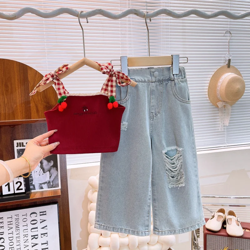 

038 Spring and Summer New Girls' Outfit Cute Cherry Embroidered Vest with Distressed Jeans Two-Piece Set