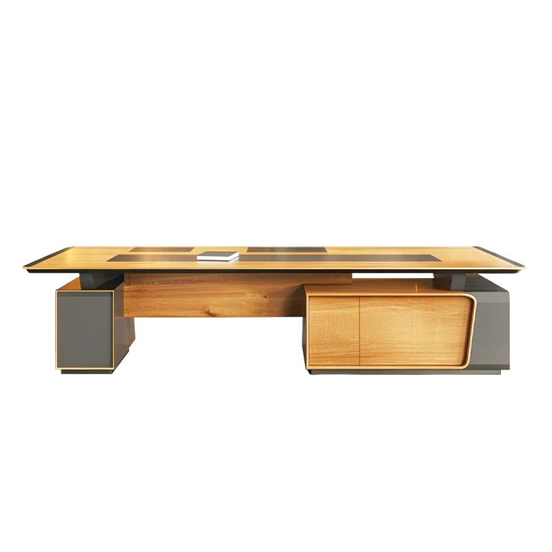 Modern Desk Walnut Wood Grain Black Gold Contrasting Color CEO's Office Desk Metal Trim L-shaped Side Cabinet Boss's Bedroom