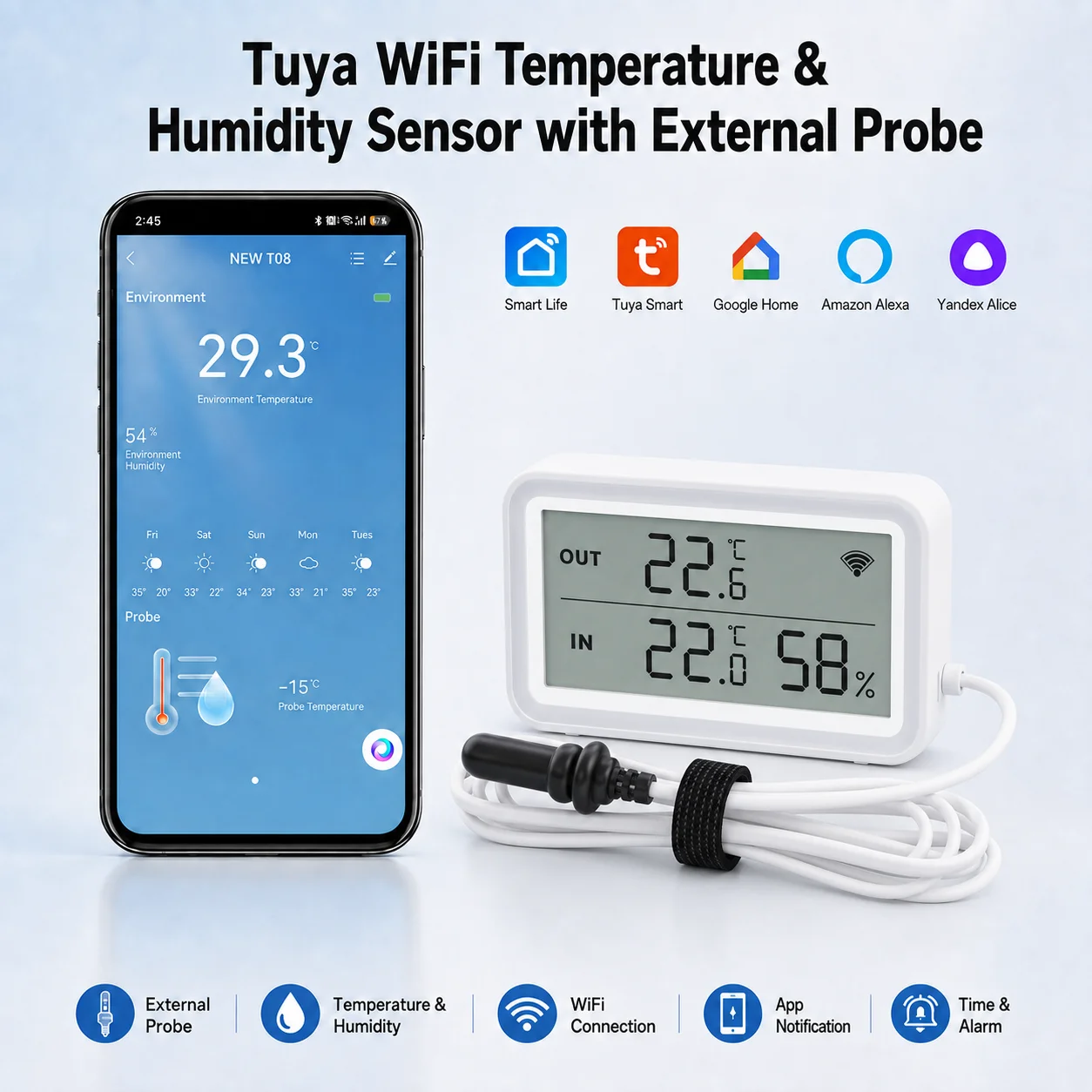 NEUER Tuya WiFi Temperatur- und Feuchtigkeitssensor mit Sonde, kompatibel mit Smart Life, Google Assistant, Yandex und Alexa