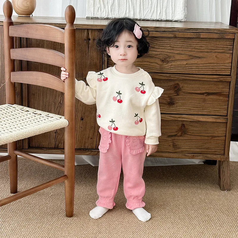 

2025 Autumn New Products Children's Clothing, Baby Cherry Hoodie, Large Pocket Pants, Two Piece Set, Sweet Set