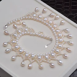 Young Model Fine Jewelry Women Natural Pearl Necklace Collarbone Chain Tassel Retro Baroque Collar Rice Grain Sterling Silver