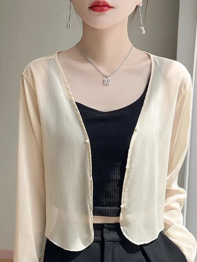 

Summer Thin Sun Protection irt ort High Waist Thin Chiffon Outerwear Top Skirt oulder awl Cover up White Thin Jaet