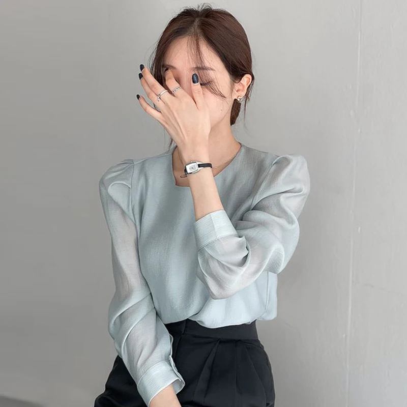 Chic Early Spring Fashion Simple round Neck Mesh Semi-Transparent One Button Hollow Long Sleeve Base Shirt Women's Top