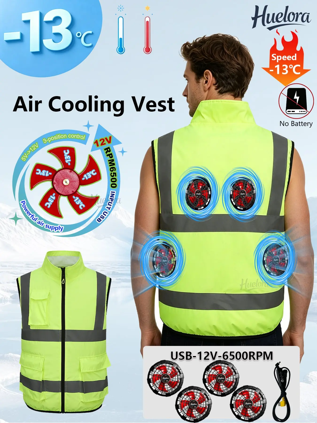Air Cooling Vest, 4-3-2 Back Built-in USB Fans,Stand Collar Multi Storage Pockets, for Traffic Construction Warehouse Labor Work