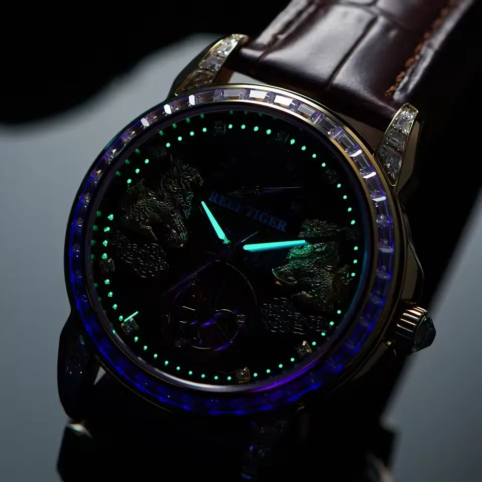 Reef Tiger Men Automatic Watch 42.7mm Luxury Mechanical Wristwatch 50M Waterproof Luminous Pixiu Skeleton Multi Dial