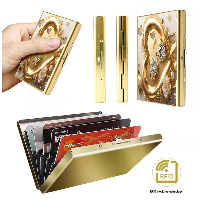 Colorful Heart Anti-Scan RFID 6 8 10 Cards Aluminum Metal Credit Card Holder Slim Blocking Wallet Case Business Protection Hold