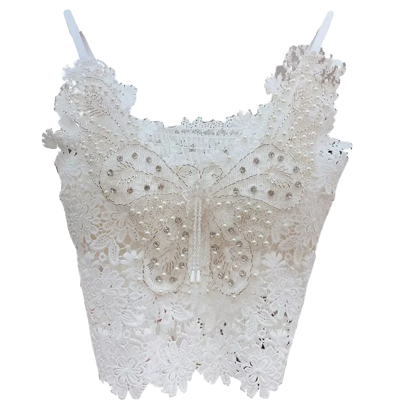Crop Top Lace Camisole Top for Women 2024 Summer New Sweet Heavy Industry Beads Butterfly Pattern Inner Vest Women Clothing