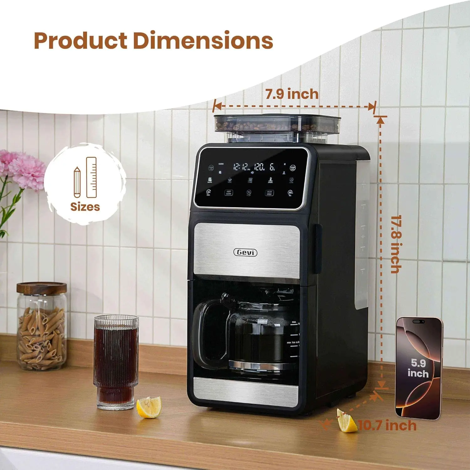 10カップドリップコーヒーメーカー、グラインダー内蔵、グラインド＆ブリューバーコンボコーヒーマシン、プログラム可能、タッチスクリーン、4時間W