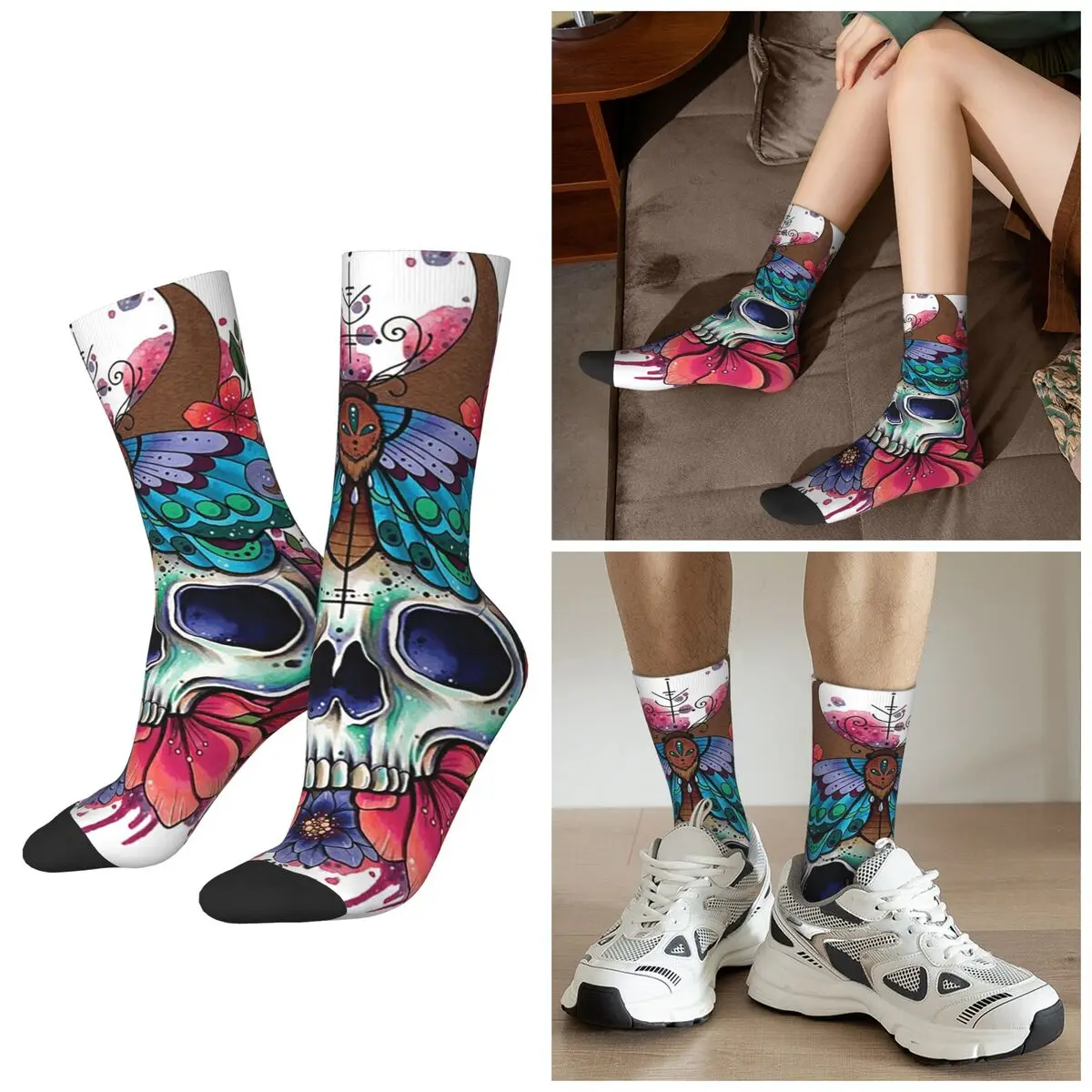 

All Seasons Gothic Rose And Butterfly Skull Style Socks Harajuku Sport Middle Tube Socks Sweat Absorbing Stockings for Men Women