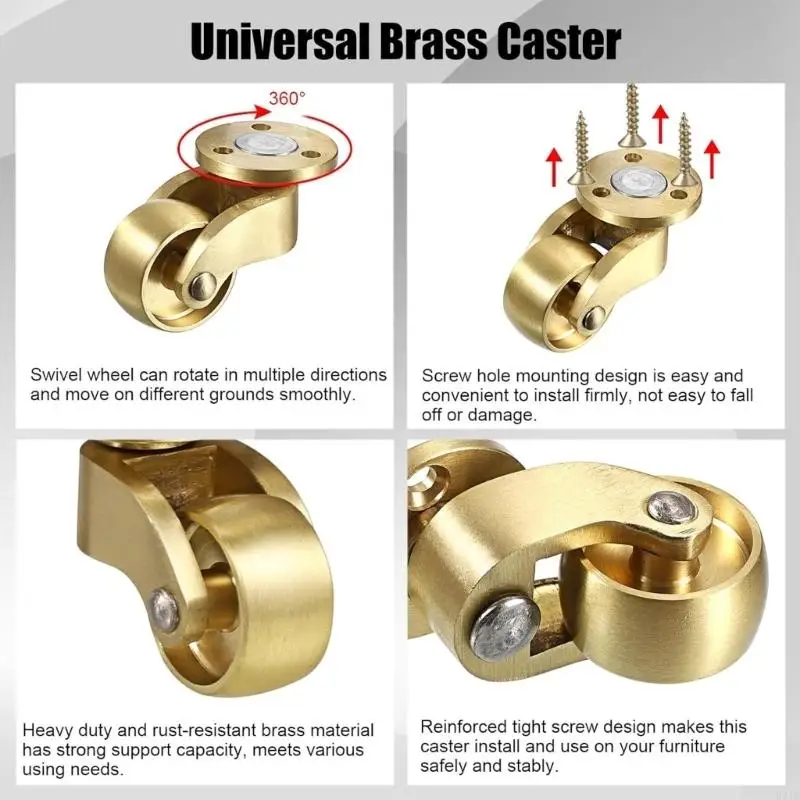 

2Pcs Brass Swivels Casters with Mounting Hardware Quiet Roll 360 Rotation Accessory for Furniture Trunks Cabinets