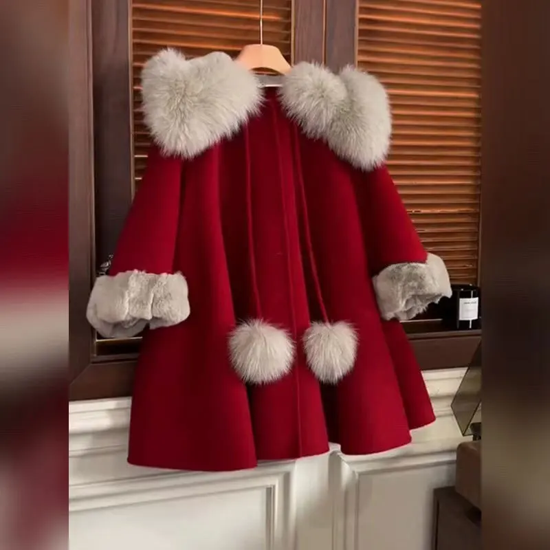 

Girls' Velvet Red Cloak Children's Autumn and Winter New Style French Shawl Baby Red Woolen Coat Jacket