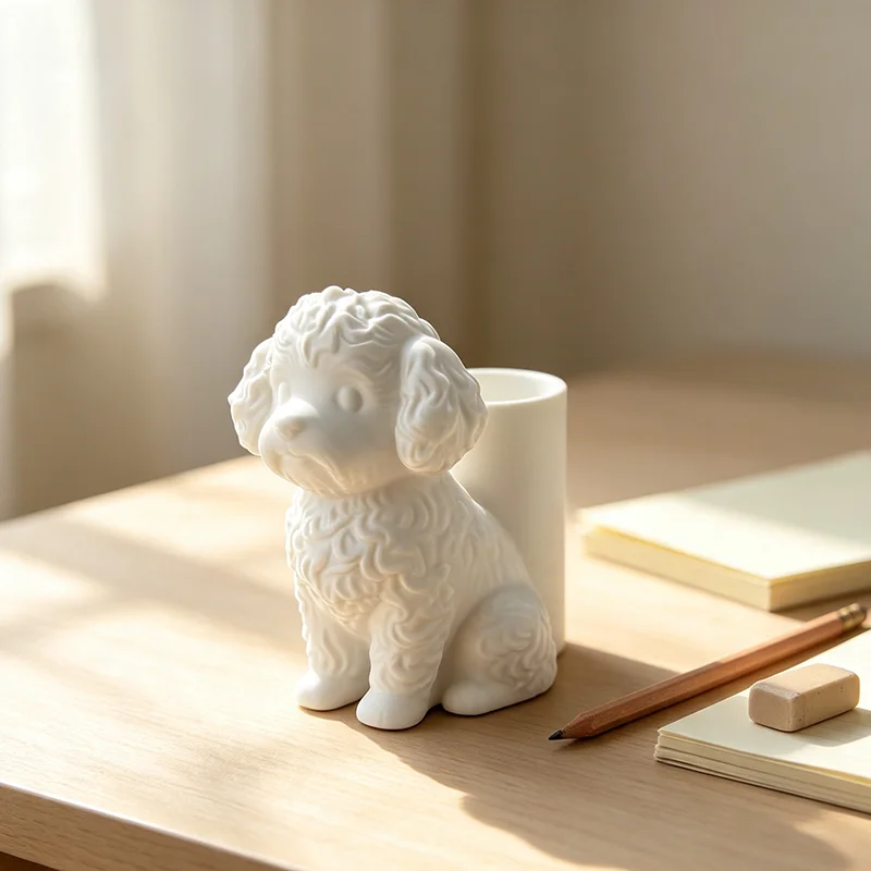 Cute Poodle Dog 3D Printed Pen Holder White Puppy Figurine Pencil Cup Creative Animal‑Shaped Desktop Storage Organizer