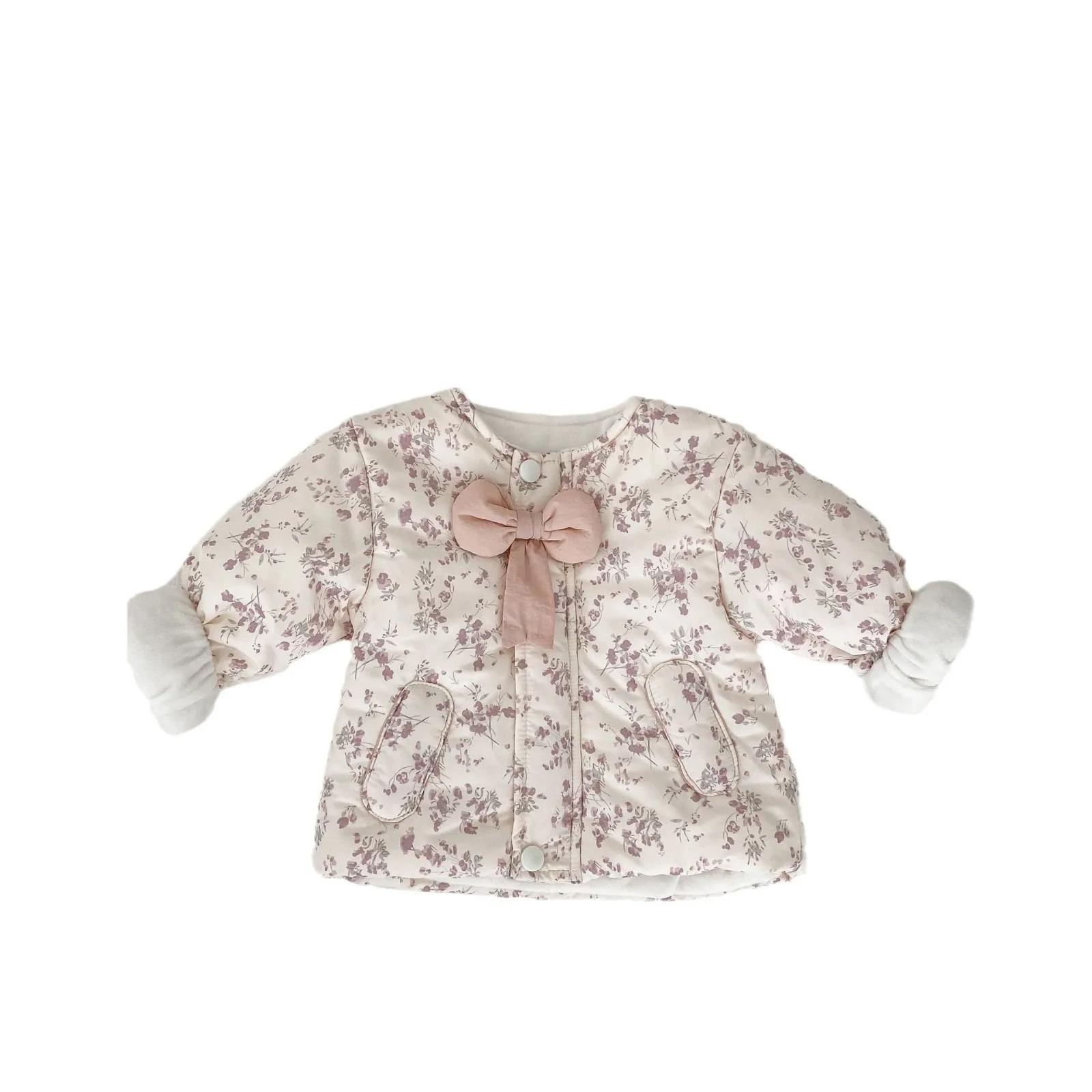 2024 Winter Infant Girls Parkas Floral Printed Knotbow Plus Velvet Warm Baby Girls Coat Toddler Girls Cotton Padded Jacket