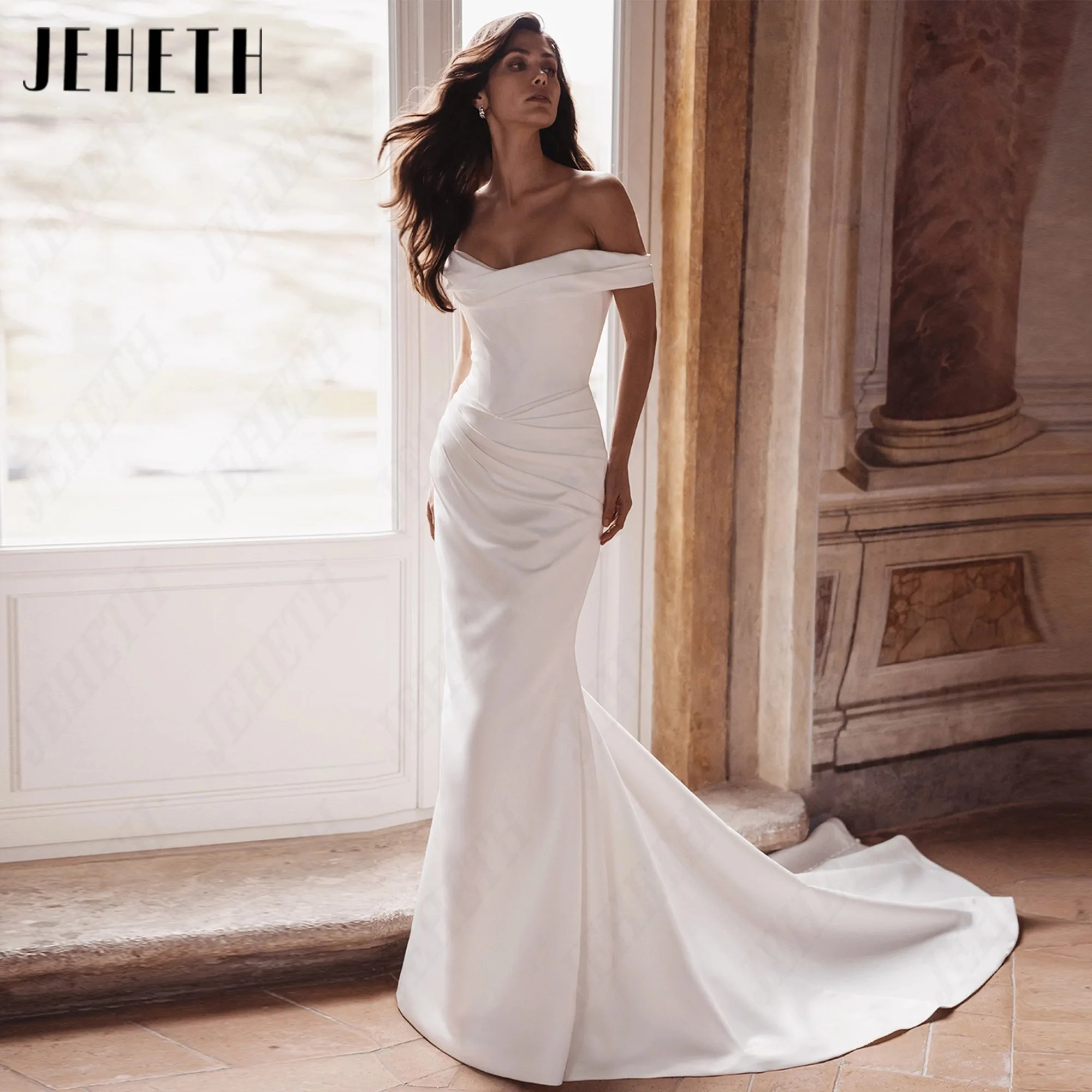 JEHETH Off Shoulder Sweetheart Neck Sleeveless Bride Dresses Customized Elegant Wedding Dress Ruched Satin Mermaid Bridal Gown