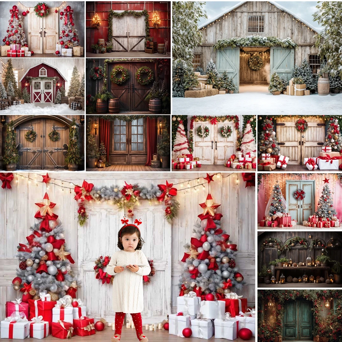 

MOON.QG Christmas New Year Backdrop Gift Barn Door Background Decoration Studio Photo Booth Party Poster Wallpaper Accessories