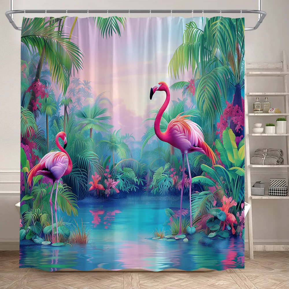 Tropical Jungle Flamingo Shower Curtains Animals Lake Lotus Flowers Palm Tree Plant Forest Scenery Fabric Bathroom Curtain Decor