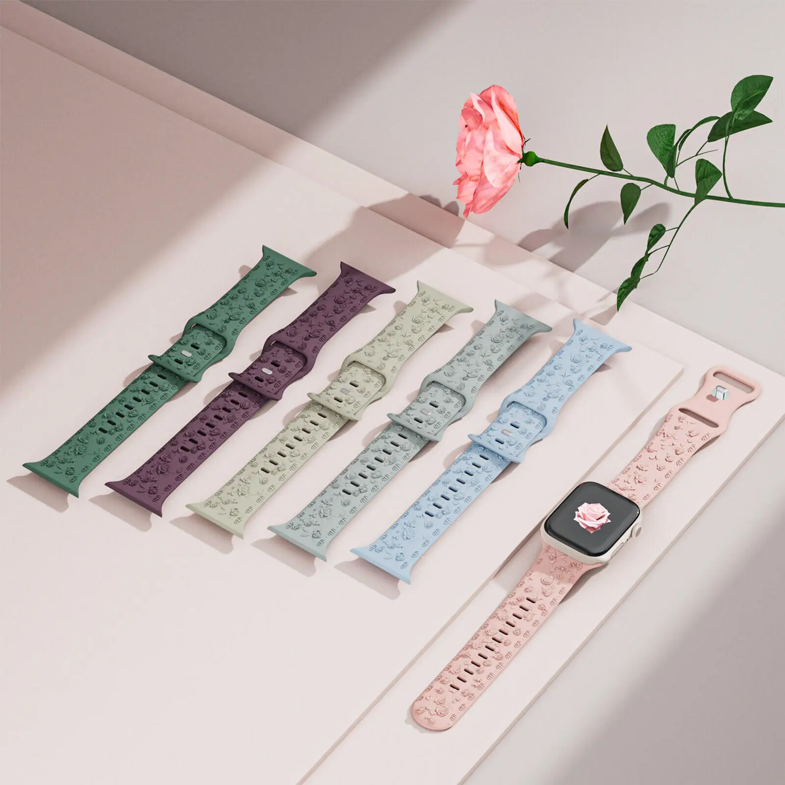 

Silicone Strap for Apple watch band 44mm 45mm 46mm 41mm 40mm 49mm 38mm 42mm Floral Engraved bracelet iWatch Series 10 9 8 7 6 SE