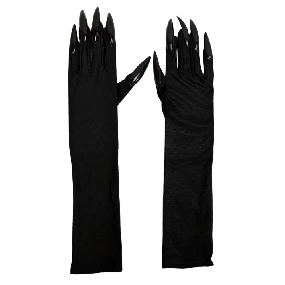 1pair 3D Nails Ghost Claw Gloves Stretch Fabric Elbow Length Long Nail Gloves Solid Flexible Fit Halloween Claw Gloves