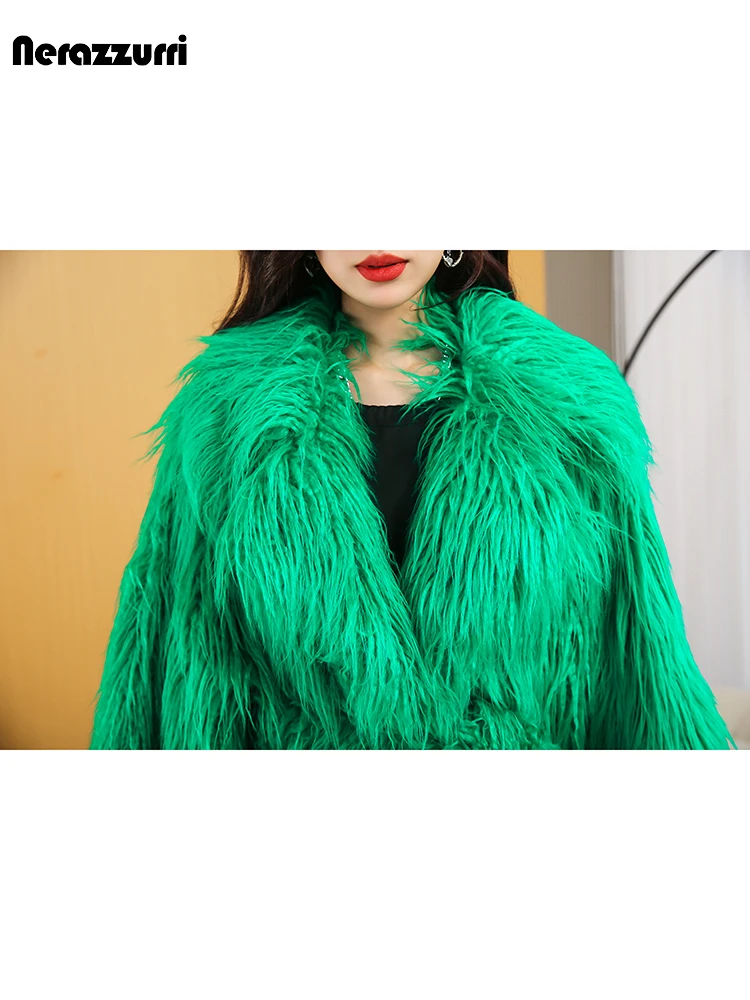 Nerazzurri Winter Extra Long Shaggy Hairy Fluffy Green Thick Warm Faux Fur Coat Women with Pink Pockets Sashes Furry Overcoat