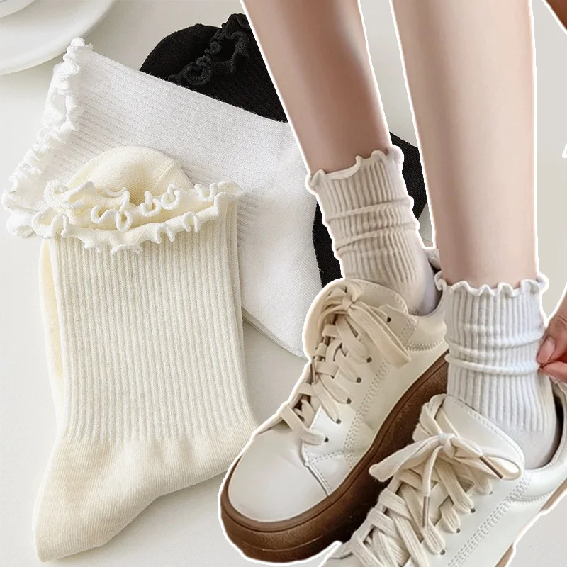 

Носки с рюшами для женщин и девочек, хлопковые носки в стиле Харадзюку, черно-белые носки средней длины, милые мягкие дышащие свободные короткие носки до щиколотки Jk Lolita