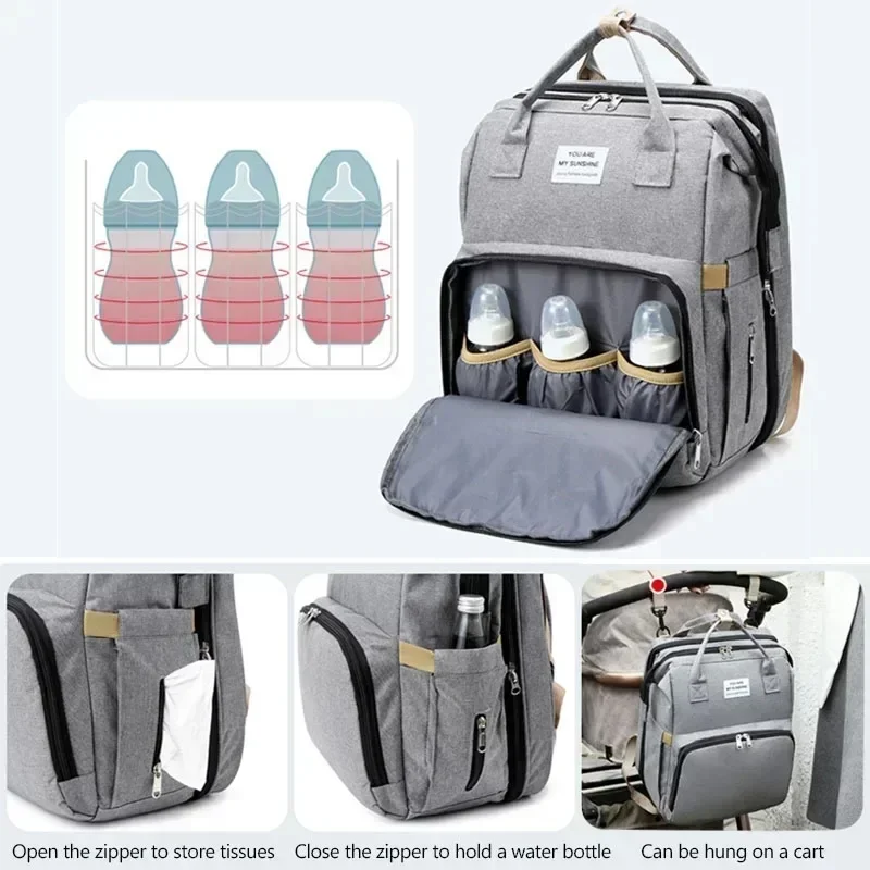 Large‑Capacity Mommy Diaper Backpack with Changing Mat, Foldable Baby Bed Nursing Bag for Milk Bottle Storage