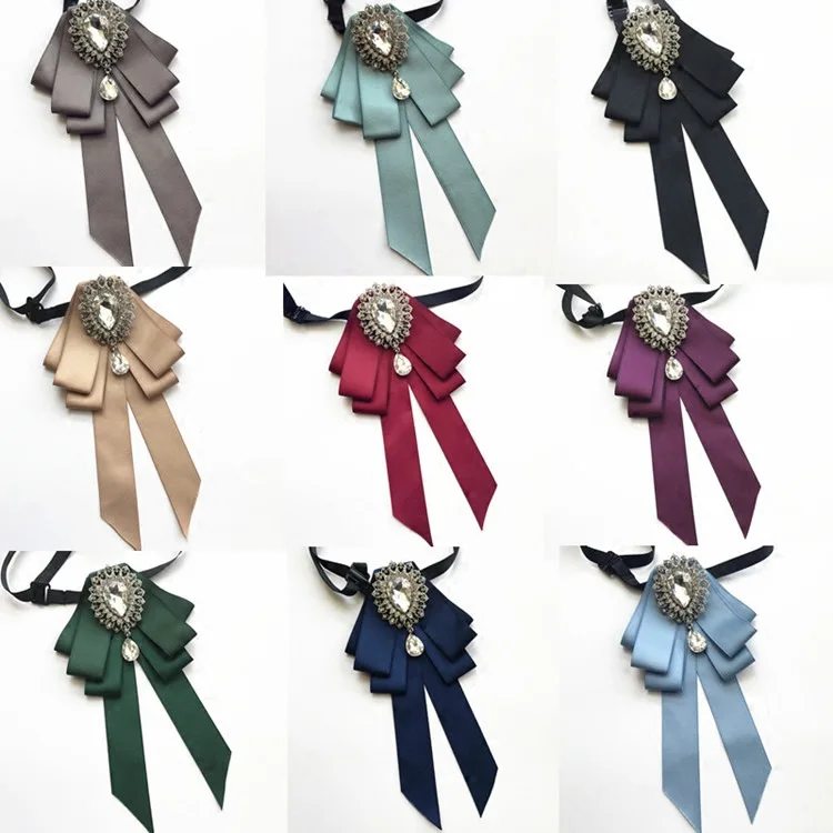 Vintage Crystal Fabric Bow Tie Brooch Korean Fashion Bowties Neckties for Women White Shirt Collar Luxury Jewelry Accessories