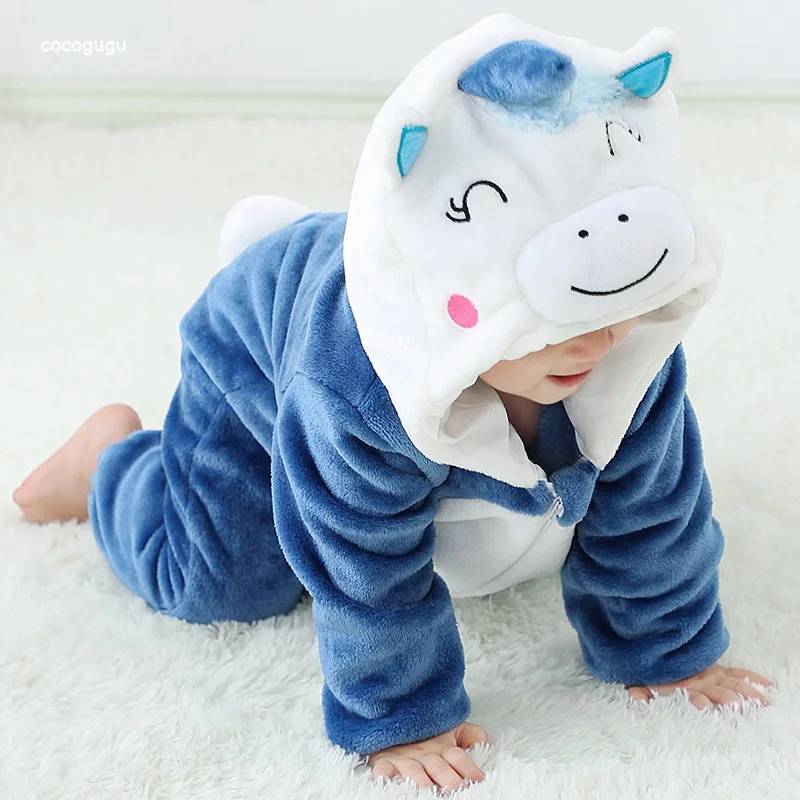 Blue Pink Unicorn Romper Baby Boy Girl Pajama Bebe Clothes Cute Bodysuits Flannel Warm One-piece Winter Halloween Animal Outfit