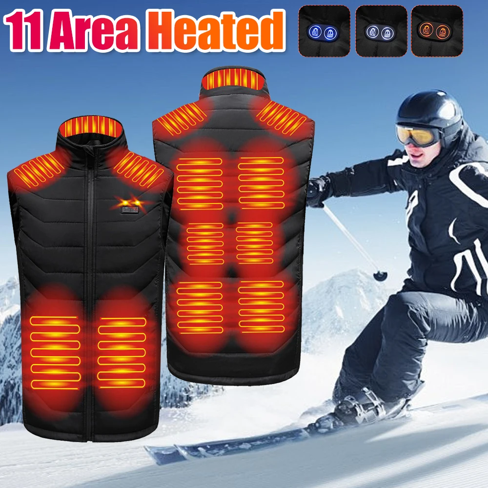 Mens Heated Waistcoats USB Charging 11 Areas Heated Warm Heated Vest 3 Gear Temperature Dual Control for Outdoor Camping Hiking