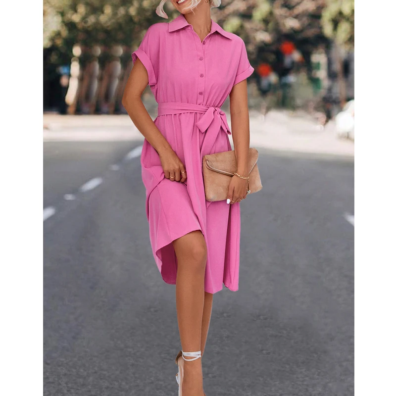 Women's Vintage Fashion Elegant Lace Up Button Shirt Midi Dress Summer Solid Short Sleeve Slim Party Dresses High Waist Vestidos