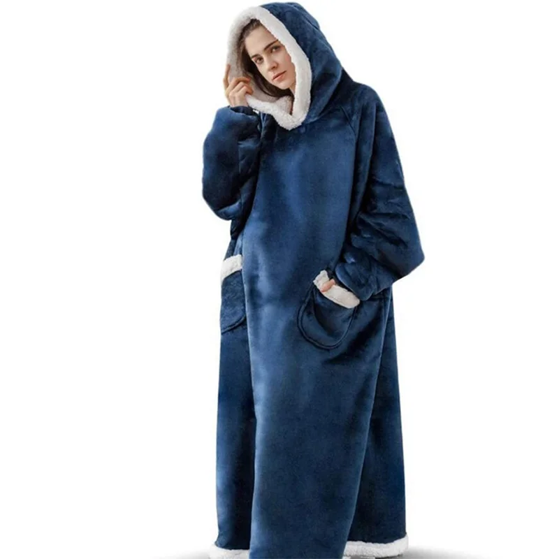 2023 Super Long Flannel Blanket with Sleeves Winter Hoodies Sweatshirt Women Pullover Fleece Giant Bathrobe