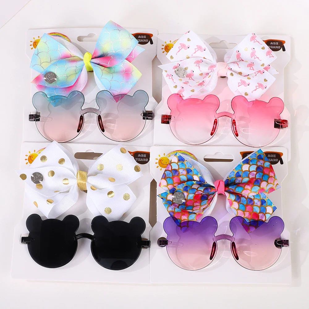 2 Pcs/Set Colors Soft Big Bowknot Hairclip Transparent Gradient Bear Shape Sunglasses Boys Girls Headwear Kids Hair Accessories