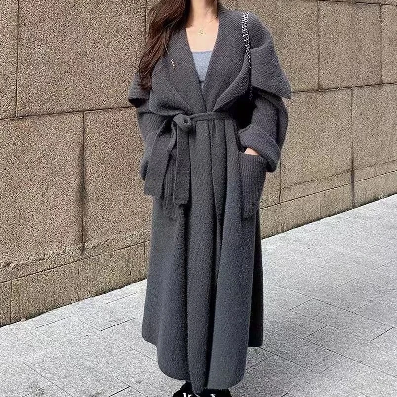 

Women Knitted Cardigan Sweaters Solid Long Jumpers Pocket Lace Up V Neck Long Sleeve Thick Loose Fit Casual 2025 Autumn Winter