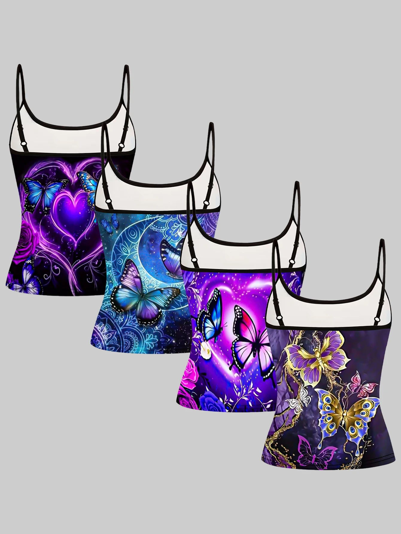 Women's 4-Piece Set of Printed Camisoles with Starry Sky, Moon, Heart, Purple Butterfly, and Rose Patterns, Slim-Fit, Flattering, Suitable for Outerwear or as a Base Layer, Sleeveless Tops