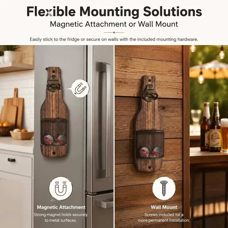 Effortless Wall Mounted Bottle Opener with Automatic Cap Catcher Basket, Rustic Wood One-Handed Beer Opener for Home Bar