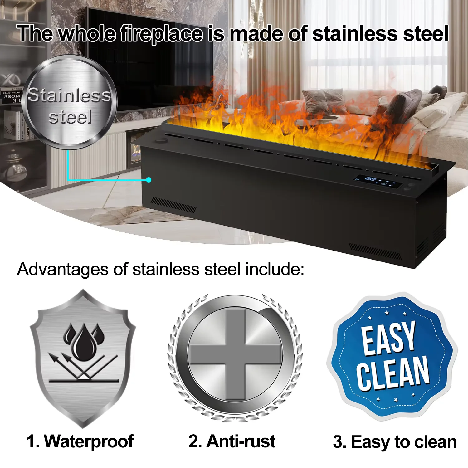 

Smart atomization fireplace, 3D multi-color flame,remote control/APP control,built-in TV cabinet fireplace,water vapor fireplace