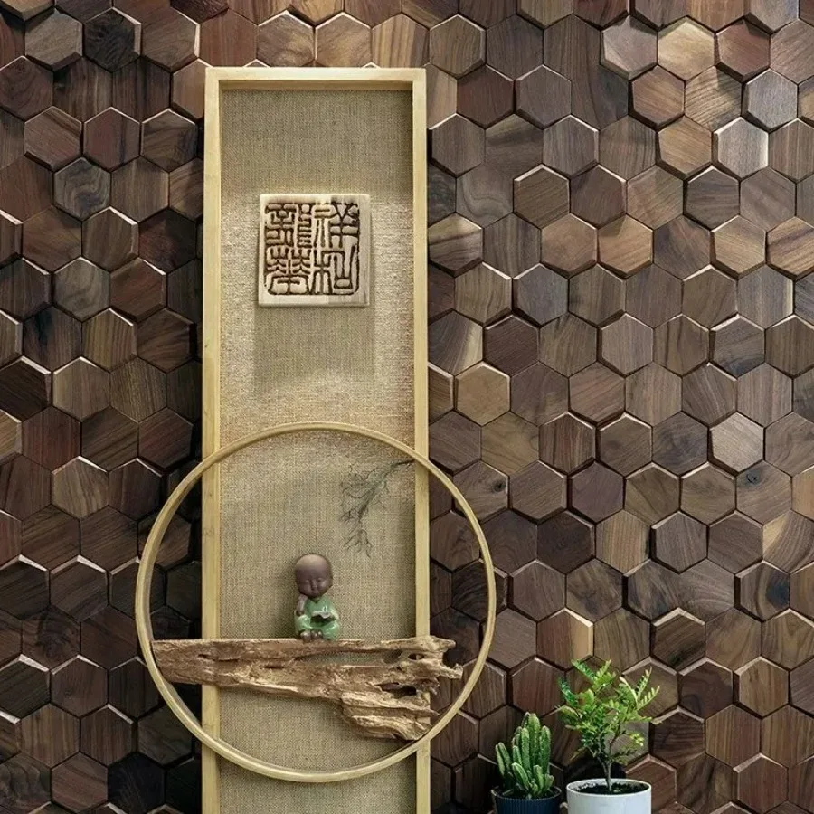 3d Wood Wall Mosaic Tile Black Walnut Modern Hexagon Wooden Panel Wall Stickers for Home Office Background Bedroom Decoration