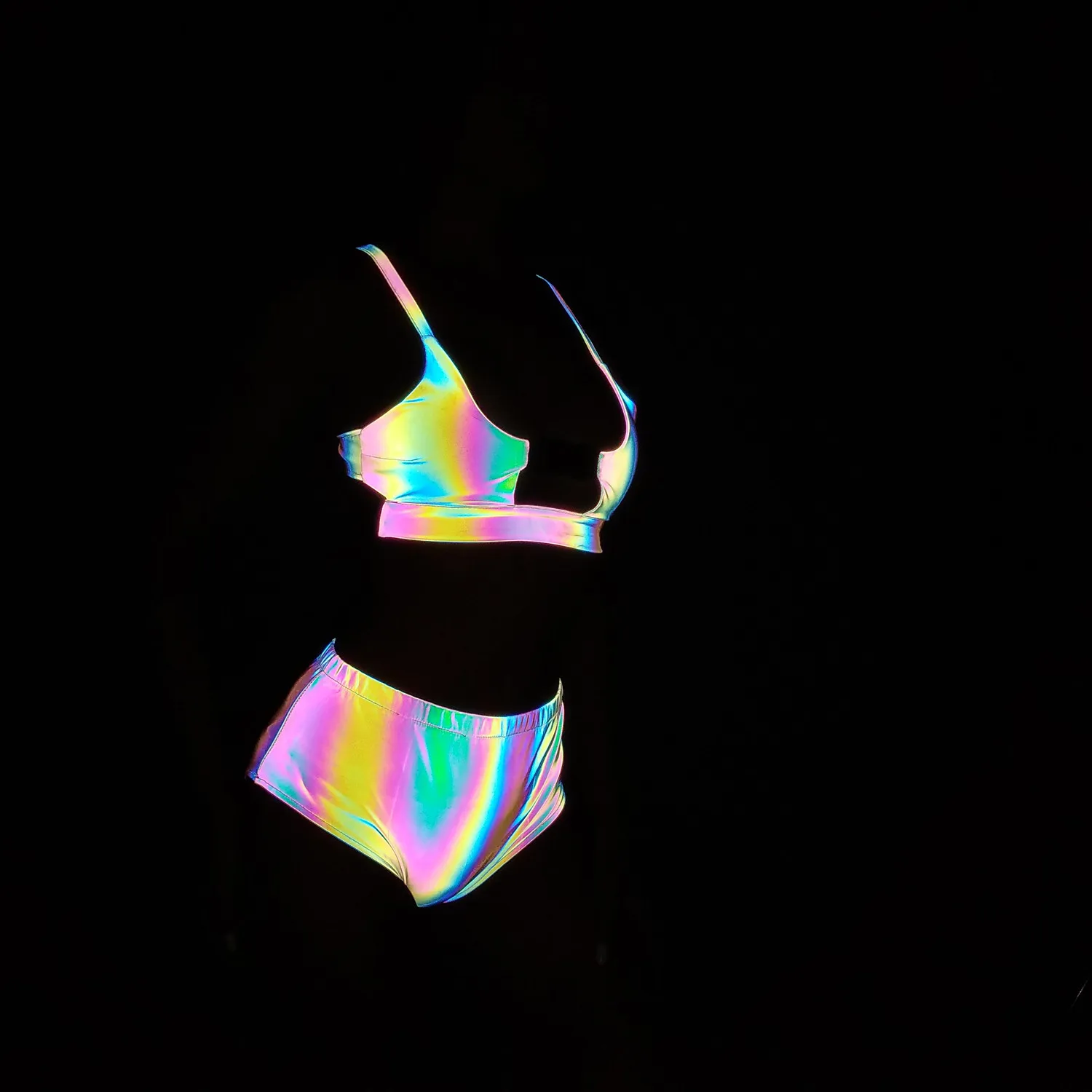 Rainbow Reflective Women Rave Swimsuit Summer 3 Piece Bikini Set Skirt Mini Triangle Buckle Bra Top Swimwears Fit Tight Suit