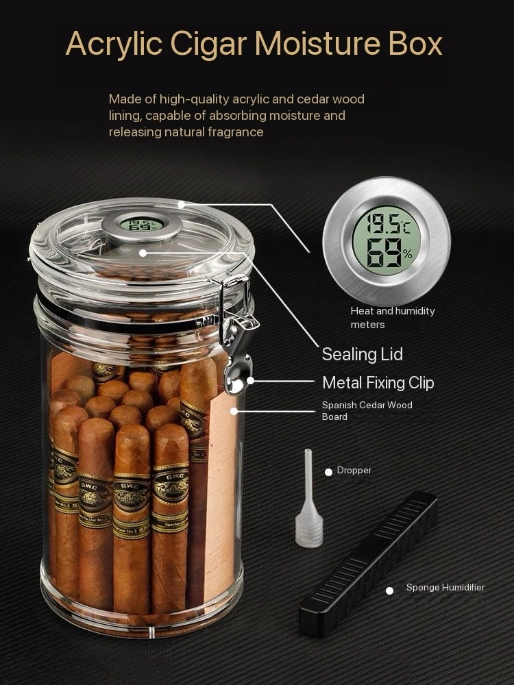 

Acrylic Humidor Jar With Humidifier And Hygrometer,Humidor That Can Hold About 15-20 Cigars (Clear).