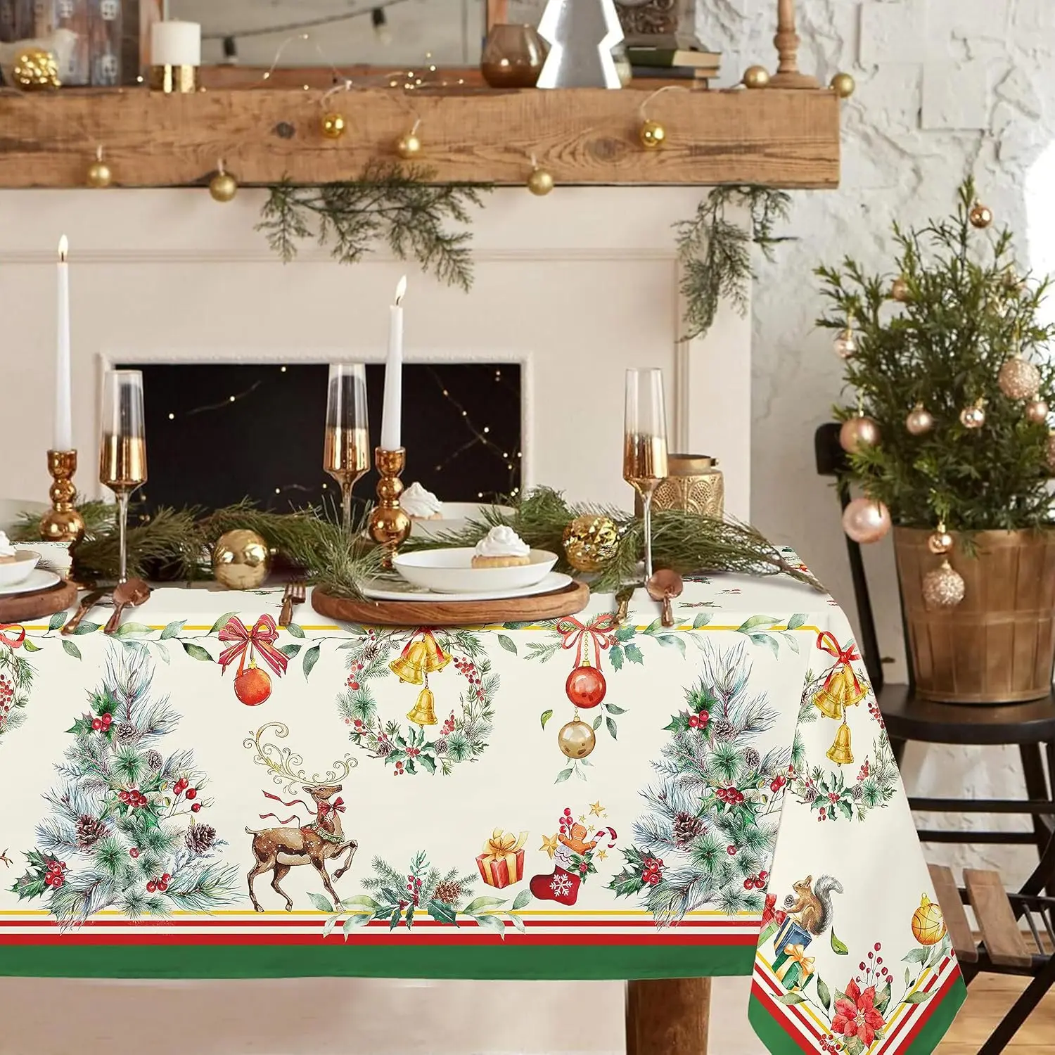 Christmas Tree Elk Balls Holly Tablecloth for Table Decor Reusable Winter Holiday Kitchen Dining Tablecloth Christmas Decoration