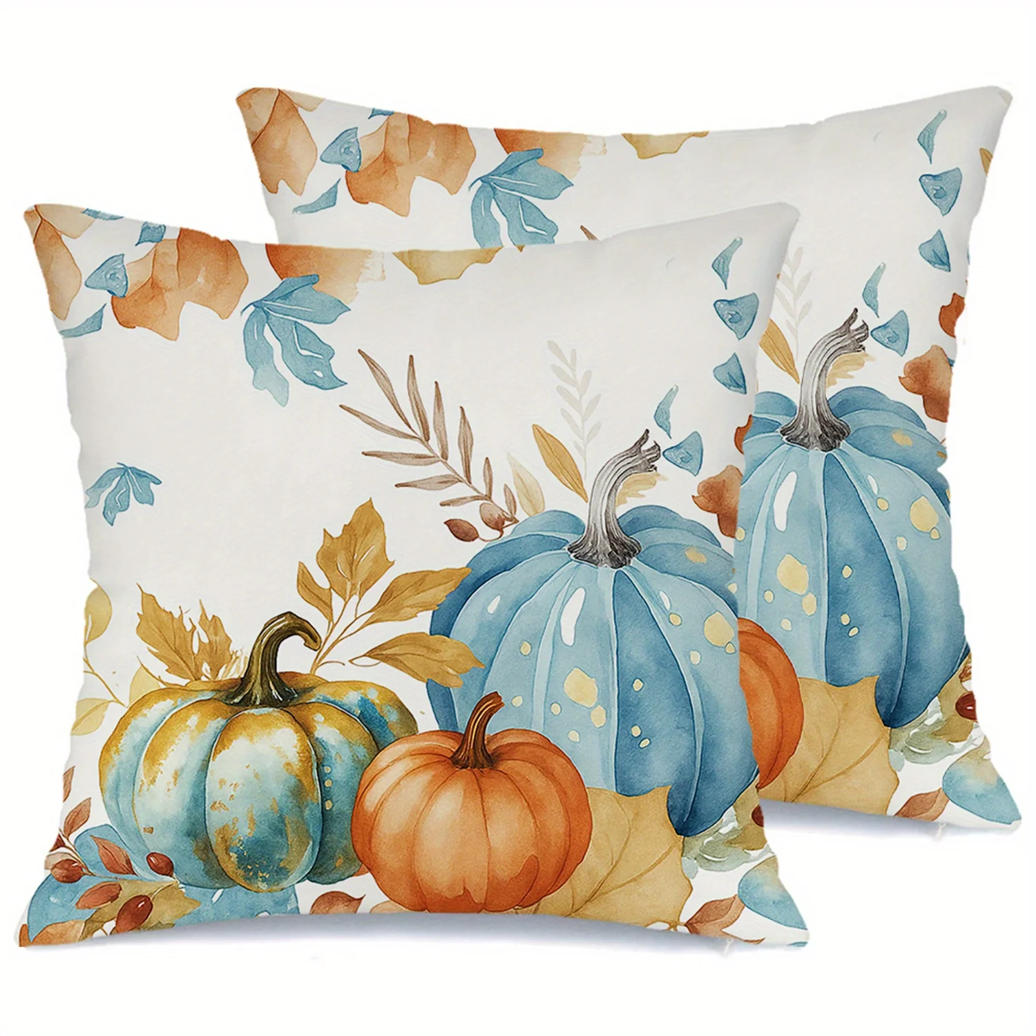 2pcs Blue Pumpkin Fall Throw Pillow Covers Autumn Leaves Thanksgiving Farmhouse Decorative Cushion Case for Bedroom Sofa Couch