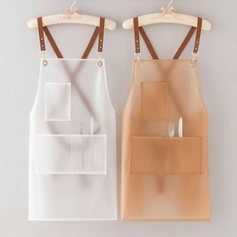 Korean Waterproof TPU Apron Transparent Oil-proof Work Clothes with Pockets with Strap Cooking Apron for Coffee Cooking