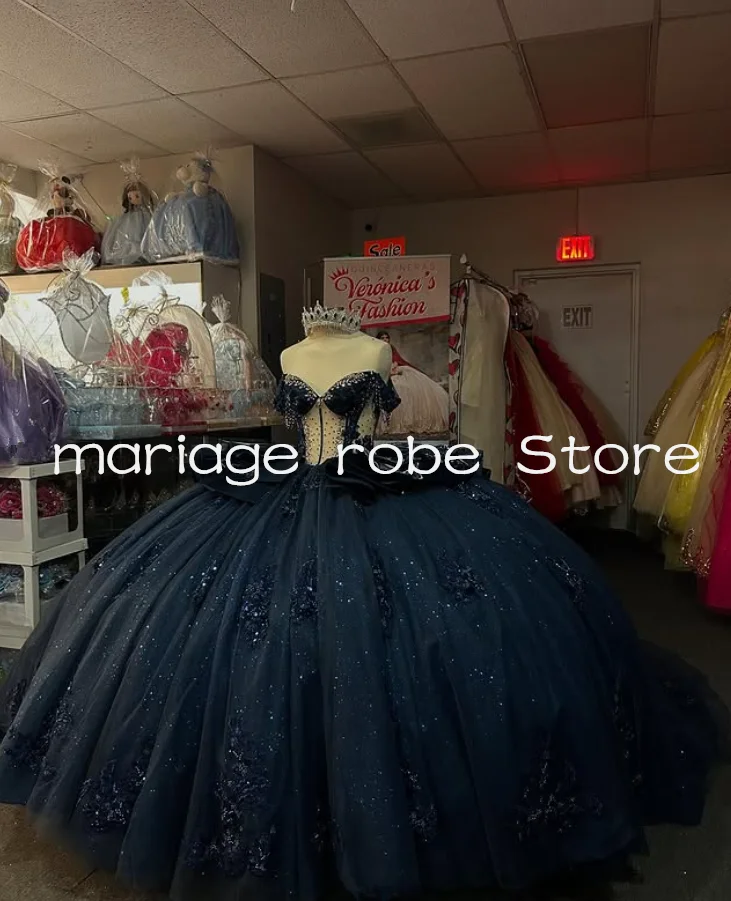 

Темно-синие блестящие платья Quinceanera с открытыми плечами, корсет на шнуровке, блестящие кристаллы, платье на заказ, платье de 15, quinceañera